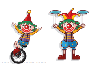 Imagem: Ilustração. Dois palhaços com rosto pintado, chapéu e roupa colorida. Um deles está sobre um monociclo e o outro equilibra pratos.  Fim da imagem.