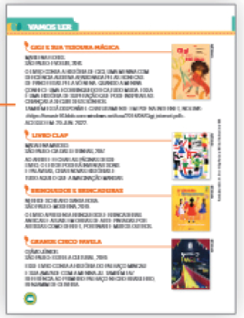 Imagem: Ilustração. Exemplifica como será a seção Vamos ler. Página composta por textos e imagens. Fim da imagem.