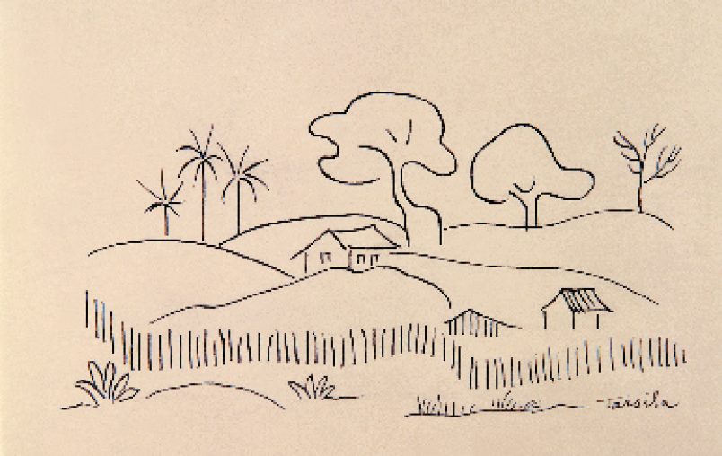 Imagem: Pintura. Desenho que apresenta uma área rural com pequenos arbustos, cerca comprida, pequenas casas e algumas árvores. Fim da imagem.