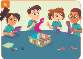 Imagem: Ilustração 5. Cada um segura e corta um pedaço de tecido colorido. Fim da imagem.