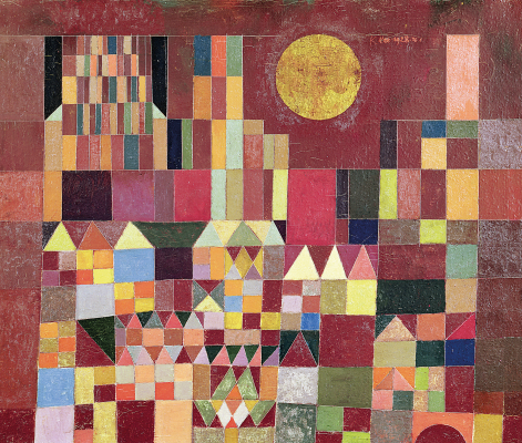 Imagem: Pintura. Em um fundo com predominância da cor marrom, há muitas figuras geométricas de diferentes tamanhos, unidas e coloridas, como uma composição com um conjunto de retângulos estreitos na vertical, fileiras com triângulos encaixados uns nos outros e mosaicos de pequenos quadros. Também há um círculo destacado na parte superior e de cor amarela. Fim da imagem.