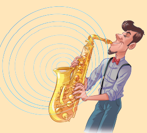 Imagem: Ilustração. Um homem de camisa, gravata borboleta e calça com suspensório toca saxofone com os olhos fechados. Ao redor, há círculos concêntricos discretos. Fim da imagem.