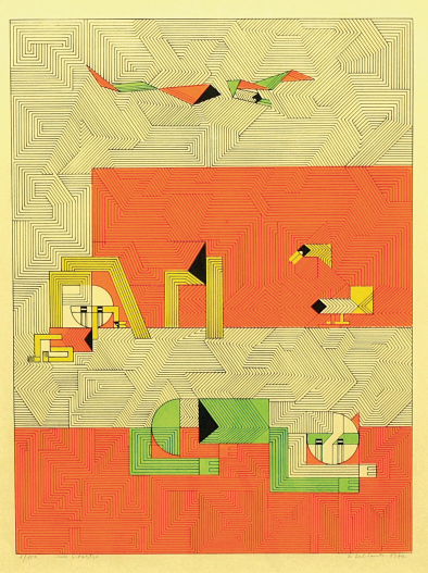Imagem: Pintura. Uma composição com centenas de linhas paralelas finas que se repetem e formam grandes figuras geométricas com aspecto labiríntico. As linhas são em cor preta, o fundo é predominantemente amarelo e também laranja. Na parte superior, há uma figura com tonalidades fortes de laranja e verde que formam um pássaro de contorno geométrico. Abaixo, também há figuras formadas com a tonalidade forte de amarelo e verde. Fim da imagem.