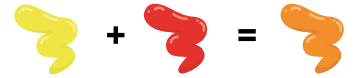 Imagem: Ilustração. Uma pincelada de tina amarela com sinal de mais para uma pincelada de tinta vermelha igual a uma pincelada de tinta laranja.  Fim da imagem.