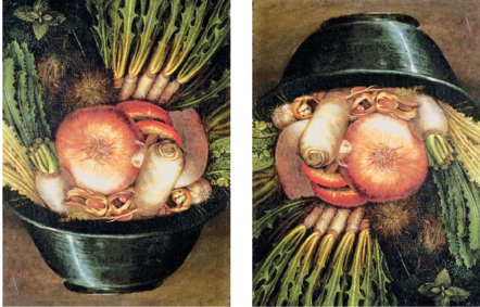 Imagem: Pintura da esquerda. Em cores quentes, uma bacia preta com legumes como cebolas, tomates, alhos, cenouras e nabos. Pintura da direita. A pintura anterior invertida. A bacia está de ponta-cabeça com os legumes dispostos abaixo dela. A composição assemelha-se a um rosto humano. Os alhos no lugar dos olhos, as cenouras no lugar do nariz e as orelhas e as ramas dos nabos no lugar da barba. Outras folhas compõem os cabelos.  Fim da imagem.