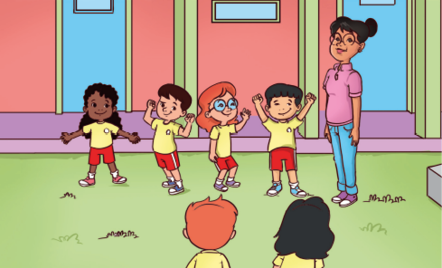 Imagem: Ilustração. No pátio gramado, um grupo de seis crianças acompanhadas de uma mulher adulta que os observa. Quatro crianças fazem poses e duas observam paradas à sua frente.  Fim da imagem.