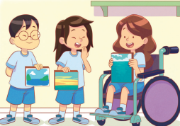 Imagem: Ilustração. Três crianças uniformizadas lado a lado. Elas sorriem e apresentam desenhos que seguram em suas mãos. Fim da imagem.