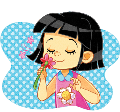 Imagem: Ilustração. Vista da cintura para cima, uma menina de pele clara, com cabelos curtos e franja em preto, olhos fechados, usando blusa regata em rosa, golas azuis e estampa de uma margarida. Ela está com os olhos fechados, com uma flor na mão esquerda com pétalas vermelhas, perto do nariz. À esquerda, perto da cabeça dela, duas pequenas flores de pétalas rosas. Fim da imagem.