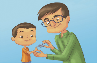 Imagem: Ilustração. À esquerda, um menino moreno, de cabelos castanhos, com camiseta de cor laranja, com a mão direita para frente. À direita, de frente para ele, um homem corta a unha dele. Ele tem pele morena, cabelos castanhos, com par de óculos quadrados em azul e usando uma blusa de mangas compridas em verde.  Fim da imagem.