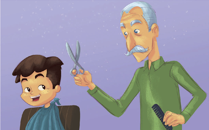 Imagem: Ilustração. Um menino à esquerda, sentado em cadeira preta, com pele clara, cabelos castanhos e sobre o corpo dele, capa azul. À direita, um senhor de cabelos e barba grisalhos, vestido com camiseta de mangas compridas em verde, com uma tesoura de cor cinza e um aparador preto na mão direita.  Fim da imagem.