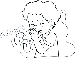 Imagem: Ilustração em preto e branco. Um menino de cabelos crespos, usando camiseta, de olhos fechados, espirrando com um lenço sobre o nariz. Perto dele, à esquerda, diz : ATCHIM! Fim da imagem.