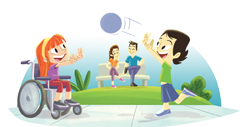 Imagem: Ilustração. À frente, duas crianças jogando bola de cor azul. À esquerda, uma menina ruiva cadeirante, usando camiseta roxa, calça vermelha e sapatos pretos e à direita, menino de pele clara, cabelos pretos, com camiseta verde, bermuda e sapatos azuis, lançando a bola para a menina. Ao fundo, uma mulher e homem sentado sobre um banco em local com grama e arbustos verdes.  Fim da imagem.