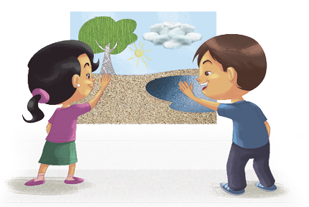 Imagem: Ilustração. Duas crianças vistas de costas, em pé, de frente para um desenho de paisagem com solo bege, água à direita em azul, com árvore de tronco cinza com folhas verdes. No céu, em azul-claro, um sol amarelo e nuvens brancas. À esquerda, menina de pele morena-claro, cabelos pretos presos para trás, com camiseta e sapatos roxos, saia de cor verde, com a mão direita sobre o desenho perto do solo da árvore. À direita, menino de pele morena-claro, cabelos pretos, camiseta e sapatos azuis e calça cinza. Ele toca no desenho com a mão esquerda na parte da água.  Fim da imagem.