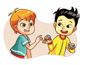 Imagem: Ilustração. À esquerda, um menino ruivo de olhos verdes, usando blusa de cor verde-claro com detalhes em branco, com a mão direita esticada para mão de outro menino à direita. Menino de pele clara, cabelos pretos, com blusa de mangas compridas em amarelo e detalhes em vermelho, segurando em cada mão um carrinho de cor azul-claro, dando um para o outro menino. Fim da imagem.