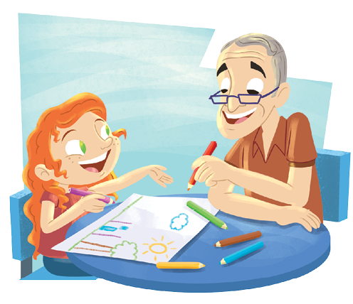 Imagem: Ilustração. De frente para uma mesa redonda de cor azul, uma menina ruiva de olhos azuis e um senhor de cabelos grisalhos. À esquerda, a menina de cabelos longos, com camiseta em vermelho de mangas curtas, com um lápis de cor roxa, de frente para uma folha branca com desenho coloridos de paisagem com árvore, céu e sol. À frente da folha, outros lápis coloridos. À direita, senhor de pele clara, par de óculos retangular, com camiseta de cor marrom, segurando com lápis marrom em uma mão, olhando para o desenho da menina.  Fim da imagem.