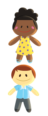 Imagem: Ilustração. Boneca negra, de cabelos pretos presos no alto, com vestido de cor amarela com bolinhas cinza e sapatos verdes.  Ilustração. Um boneco de pele clara, cabelos de cor castanha, usando camiseta azul-claro, calça e sapatos cinzas.  Fim da imagem.