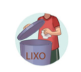 Imagem: JOGO LIXO NA LIXEIRA : Vista parcial de menino com camiseta vermelha e bermuda verde, abrindo uma lata de lixo de cor cinza, jogando alto com a mão direita. Fim da imagem.