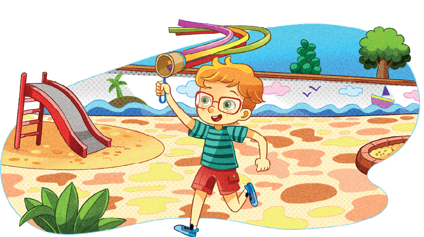 Imagem: Ilustração. À frente, um menino ruivo correndo, de par de óculos de grau vermelho quadrado, camiseta de cor verde com listras, bermuda vermelha e sapatos azuis. Ele segura no alto com a mão esquerda, uma biruta, objeto marrom com haste na vertical e com fitas coloridas em amarelo, verde, rosa e vermelho. Ao fundo, chão de cor laranja, com um escorregador vermelho à esquerda, muro longo em branco, com ilustrações de uma ilha, mar de água azul, nuvens, um barco e sombra de pássaros sobrevoando. Em segundo plano, vista parcial de árvores com folhas verdes, céu de cor azul-claro.  Fim da imagem.