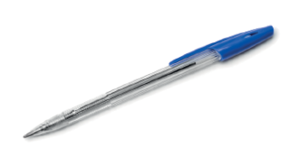 Imagem: Fotografia. Uma caneta transparente com tampa na parte superior em plástico azul.  Fim da imagem.
