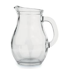 Imagem: Fotografia. Uma jarra de cor transparente com formato arredondado, alça no lado direito. Fim da imagem.