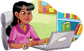 Imagem: Ilustração. Uma mulher morena, de cabelos pretos longos com franja, usando blusa de mangas curtas em rosa. Ela está sentada de frente para mesa com um computador portátil de cor cinza. À direita, vista parcial de estante com livros e mural marrom com folhas coloridas penduradas.  Fim da imagem.