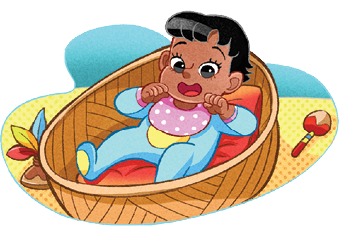 Imagem: Ilustração. Dentro de um cesto redondo de cor marrom-claro, uma bebê de pele morena, cabelos pretos com roupa de mangas compridas cobrindo as pernas de cor azul-claro, com detalhes em amarelo e babador de cor lilás com bolinhas brancas. Ela está deitada sobre almofada de cor vermelha. À esquerda dela, uma peteca de penas coloridas em amarelo, azul e vermelho e um chocalho à direita em vermelho.  Fim da imagem.