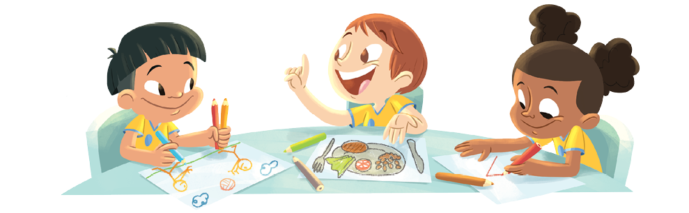 Imagem: Ilustração. Três crianças sentadas de frente para mesa. Elas estão vestidas com uniforme escolar : camiseta amarela, com detalhes em azul, cada uma desenhando sobre uma folha branca. À esquerda, menino de pele morena, cabelos pretos lisos com lápis coloridos nas mãos. Ao centro, menino de pele clara, cabelos castanhos com folha na mesa de prato de comida e com o dedo indicador da mão esquerda para cima. À direita, menina de pele morena, cabelos castanhos em chuquinha, desenhando com lápis vermelho.  Fim da imagem.