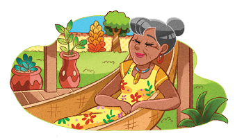 Imagem: Ilustração. Senhora de pele morena, cabelos grisalhos, vestido de cor amarela com estampa florida em vermelho, laranja e folhas verdes. Ela está deitada sobre uma rede de cor marrom-claro, em local com grama de cor verde com árvore em segundo plano. Fim da imagem.