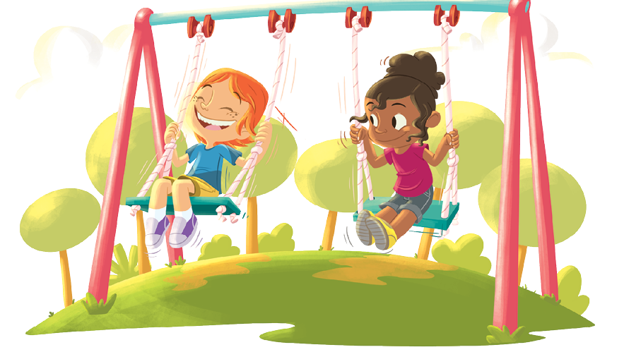Imagem: Ilustração. Local com grama e ao fundo, árvores com folhas verdes. Um balanço com hastes em vertical rosa e na horizontal em azul-claro, com duas crianças se balançando. À esquerda, uma menina de cabelos curtos ruivos, com camiseta azul, bermuda amarela, com sapatos em branco e lilás se balançando com os olhos fechados e sorrindo. À direita, menina de pele negra, cabelos castanhos presos no alto, com camiseta rosa-escuro, bermuda em cinza-escuro e sapatos amarelos. Ela se balança para trás, olhando para à menina, à esquerda.  Fim da imagem.