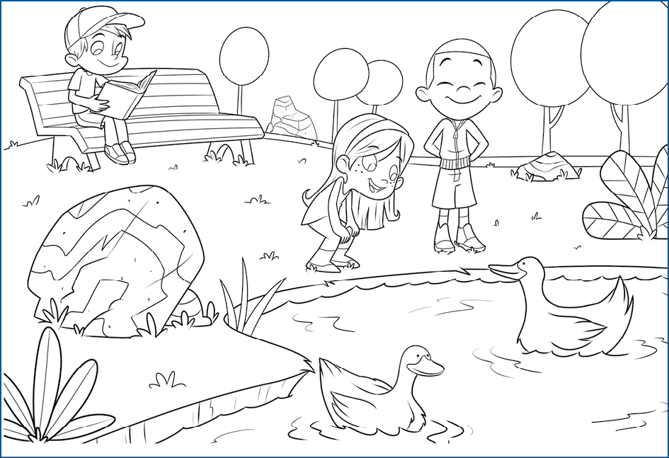 Imagem: Ilustração em preto e branco. À esquerda, menino sentado sobre um banco lendo livro sendo segurado nas mãos. À direita, uma menina de cabelos longos, agachada com mãos nos joelhos e à direita, menino em pé de olhos fechados, com as mãos sobre a cintura. Ambos estão de frente para um lago com dois patos. Ao fundo, árvores com cúpulas redondas.  Fim da imagem.