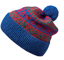 Imagem: Fotografia. Uma touca de cor azul e estampa em vermelho. Fim da imagem.