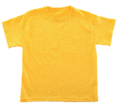 Imagem: Fotografia. Uma camiseta de cor amarela de mangas curtas. Fim da imagem.