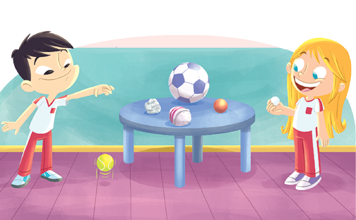 Imagem: Ilustração. Um menino à esquerda, de pele clara, com cabelos pretos e à direita, menina de olhos azuis e de cabelos longos loiros, ambos estão usando uma camiseta de cor branca com detalhes e calça de cor vermelha. Ao centro, uma mesa redonda de cor azul com bolinhas pequenas e uma bola de futebol em branco e partes em azul. No chão à esquerda, uma bolinha de cor amarela. Ao fundo, parede de cor azul.  Fim da imagem.