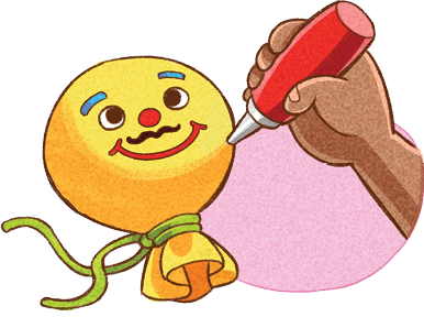 Imagem: Ilustração. Mão direita de uma pessoa segurando um tubo vermelho com ponta branca de frente para um boneco de cor amarela, com barbante verde no pescoço, parte inferior, com cabeça redonda, rosto desenhado com olhos, nariz vermelho, bigode preta e boca vermelha. Ao fundo, um tubo com barbante verde e um saco amarelo amarrado com o barbante na parte superior.  Fim da imagem.