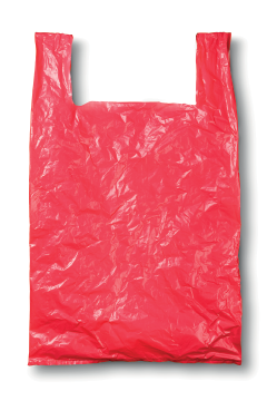 Imagem: Fotografia. Uma sacola vermelha na vertical com duas alças.  Fim da imagem.