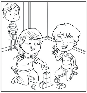 Imagem: Ilustração em preto e branco. Dentro de um local fechado, três crianças. Ao fundo, em pé perto da parede, um menino de cabelos penteados para à esquerda, vestido com camiseta bermuda, com as mãos dentro do bolso. À frente deles, uma menina e outro menino sentados de joelhos brincando com peças de lego. À esquerda, uma menina de cabelos curtos penteados para à direita colocando uma peça sobre construção na vertical e o menino rindo de olhos fechados, à direita, segurando na mão esquerda outra peça do jogo. Ambos estão vestidos com camiseta e calça. O menino ao fundo, os observa com sobrancelha para baixo e boca fechada.  Fim da imagem.