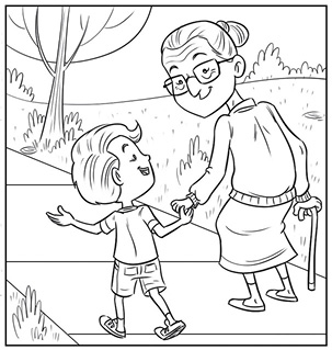 Imagem: Ilustração em preto e branco. Caminhando em calçada, um menino e uma senhora vistos de costas. À esquerda, menino de cabelos para à esquerda, com camiseta, bermuda e sapatos, com o braço esquerdo esticado. Ele sorri para a senhora de mãos dadas para ele, de cabelos em coque, pele com rugas, par de óculos, usando blusa de mangas compridas, saia longa e uma bengala na vertical. Ao fundo, local com grama e árvore.  Fim da imagem.