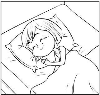 Imagem: Ilustração em preto e branco. Vista do alto de uma menina dormindo em uma cama, de cabelos curtos penteados para à esquerda. A cabeça está sobre um travesseiro, de olhos fechados.  Fim da imagem.