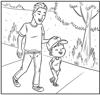 Imagem: Ilustração em preto e branco. Sobre uma calçada, um homem caminhando com um menino. À esquerda, o homem com camiseta, calça e sapatos. Ele está com a mão direita sobre a cabeça do menino. Ele usa boné sobre a cabeça, uma camiseta, calça e sapatos. Ao fundo, local com grama e uma árvore.  Fim da imagem.
