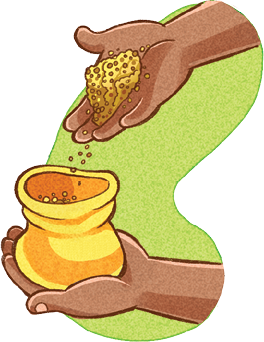 Imagem: Ilustração. Mãos de pessoa morena segurando na mão esquerda com saco amarelo e mão direita no alto jogando pó de serragem.  Fim da imagem.