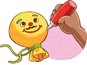 Imagem: Ilustração. Mão direita de uma pessoa segurando um tubo vermelho com ponta branca de frente para um boneco de cor amarela, com barbante verde no pescoço, parte inferior, com cabeça redonda, rosto desenhado com olhos, nariz vermelho, bigode preta e boca vermelha. Ao fundo, um tubo com barbante verde e um saco amarelo amarrado com o barbante na parte superior.  Fim da imagem.