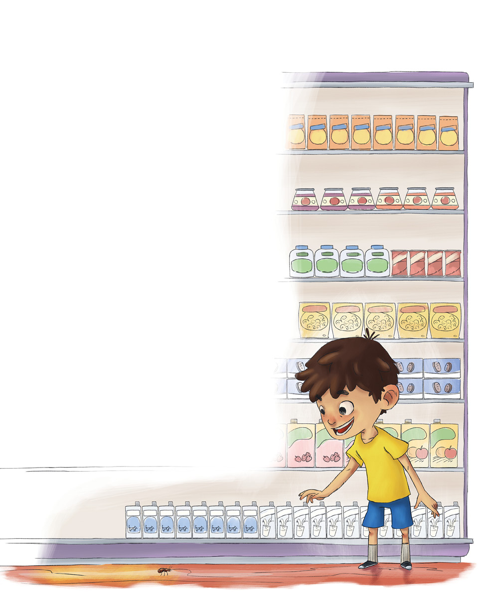 Imagem: Ilustração. Um menino em pé de pele clara, cabelos castanhos, com camiseta amarela, bermuda rosa, com meias em bege e sapatos em branco e azul. Ele está de frente para prateleiras de um supermercado com vários produtos. Ele está com a mão esquerda em direção a uma caixa de cor branca.  Fim da imagem.