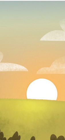 Imagem: À TARDE : No mesmo local, céu de cor alaranjada com nuvens brancas e sol amarelo na parte inferior. Fim da imagem.