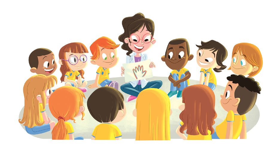 Imagem: Ilustração. Doze crianças sentadas em círculo e ao centro, professora mostrando a folha com a ilustração de uma mão descrita anteriormente. A professora tem pele clara, cabelos castanhos presos no alto, com par de óculos, blusa roxa com casaquinho branco por cima, calça azul e sapatos rosas, olhando para baixo. As crianças usam camiseta de cor amarela, com detalhes e bermuda e calça em azul-claro. Há meninos e meninas ruivos, loiros, morenos e um menino negro.  Fim da imagem.