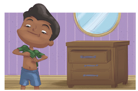 Imagem: Ilustração. Um menino de pele morena, cabelos pretos, com camiseta de cor verde, bermuda azul, colocando camiseta. Ao fundo, uma mobília marrom com gavetas e vista parcial de espelho azul-claro.  Fim da imagem.