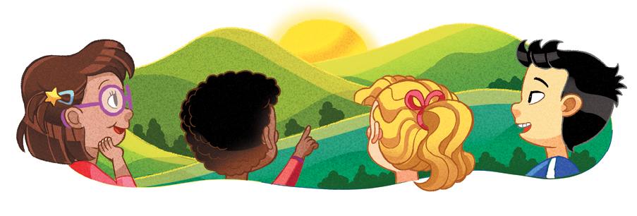 Imagem: Ilustração. Quatro crianças vistas dos ombros para cima, de costas. Da esquerda para à direita, uma menina de pele morena-claro, cabelos curtos castanhos, com par de óculos redondos lilás, com blusa de cor rosa e mão direita no queixo. Um menino negro, com cabelos pretos encaracolados, com blusa de mangas compridas em vermelho, com o dedo indicador para a frente. Uma menina de pele clara, cabelos loiros presos no alto e um menino à direita, de pele clara, cabelos pretos, com camiseta em azul e listra em branco. Ao fundo, morros de cor verde e vista parcial de sol de cor amarela.  Fim da imagem.