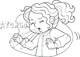 Imagem: Ilustração em preto e branco. Uma menina de cabelos presos atrás, com os olhos fechados, blusa de mangas compridas, espirrando, com as mãos para frente, ar indo para frente, dizendo : ATCHIM! Fim da imagem.