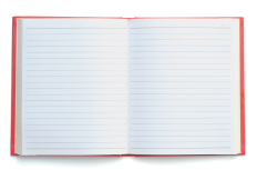 Imagem: Fotografia. Um caderno aberto de folhas brancas e capa vermelha. Fim da imagem.