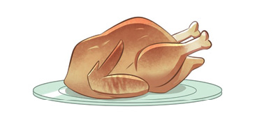 Imagem: Sobre um prato arredondado cinza, um frango de cor marrom e duas coxas com osso de cor bege-claro.  Fim da imagem.