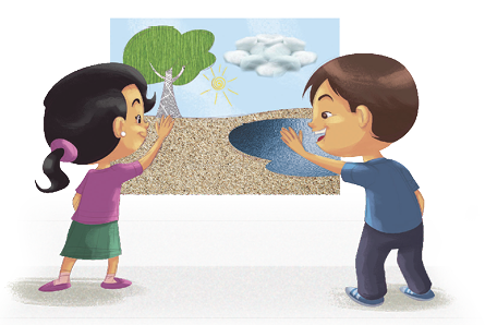 Imagem: Ilustração. Duas crianças vistas de costas, em pé, de frente para um desenho de paisagem com solo bege, água à direita em azul, com árvore de tronco cinza com folhas verdes. No céu, em azul-claro, um sol amarelo e nuvens brancas. À esquerda, menina de pele morena-claro, cabelos pretos presos para trás, com camiseta e sapatos roxos, saia de cor verde, com a mão direita sobre o desenho perto do solo da árvore. À direita, menino de pele morena-claro, cabelos pretos, camiseta e sapatos azuis e calça cinza. Ele toca no desenho com a mão esquerda na parte da água.  Fim da imagem.
